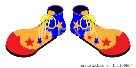 Isometric huge clown shoes with bright red toes and yellow laces. Realistic 3D vector concept isolated on white background 131109604