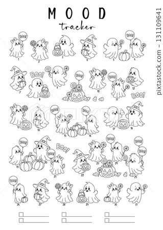 Halloween mood tracker with cute ghosts on a clean background. Fun Halloween mood tracker with cute ghosts, pumpkins, balloons and candy. Perfect for planners, diaries and coloring enthusiasts. Vector 131109641