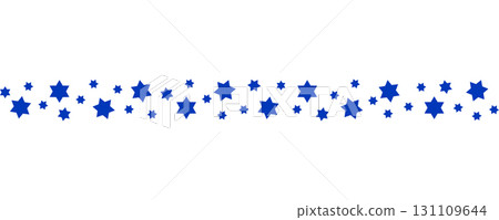 Blue stars seamless border pattern, isolated on a transparent background. Seamless horizontal border of various blue stars. Perfect for festive decorations, graphic design projects, and holiday themes 131109644