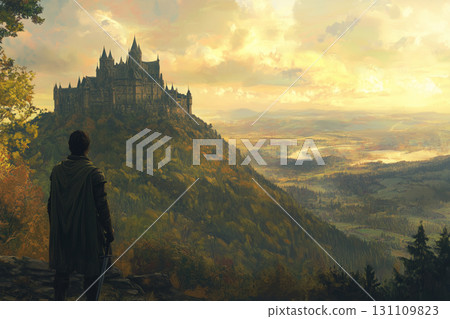 A knight with a sword looks at a medieval castle standing on a high mountaintop against the background of an endless landscape 131109823