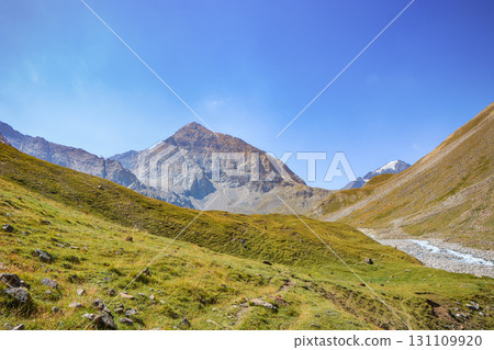 Idyllic summer landscape with hiking trail in the mountains with beautiful clouds, National park. Nice view. Alai ridge mountains 131109920