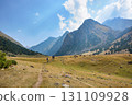 Idyllic summer landscape with hiking trail in the mountains with beautiful fresh green mountain pastures, National park. Nice view. Alai ridge mountains 131109928