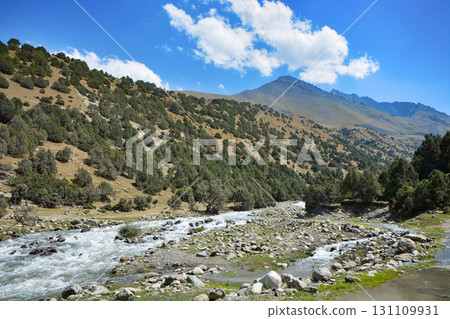 Idyllic summer landscape with hiking trail in the mountains with beautiful fresh green mountain pastures and snow-capped mountain tops in the background. Idyllic summer landscape with hiking trail in the mountains with beautiful fresh green mountain pastures and snow-capped mountain tops in the background. 131109931