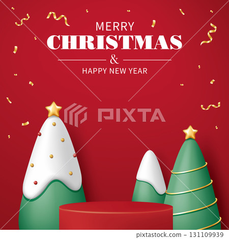 3D Christmas tree, decorations and round merchandise display platform on red background, Christmas banner advertising poster flyer material picture 131109939