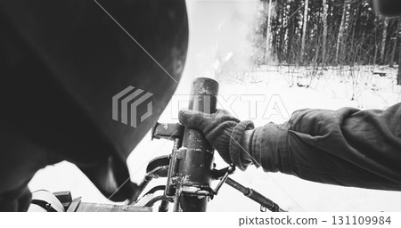 Mortar Shooting Explosions Forest. Close-up View On Re-enactors Dressed As American Infantry Soldiers Fire From Mortar. Usa Army Soldiers Of World War Ii. Reconstruction Defense Battles. Heroes Of War Mortar Shooting Explosions Forest. Close-up View On Re-enactors Dressed As American Infantry Soldiers Fire From Mortar. Usa Army Soldiers Of World War Ii. Reconstruction Defense Battles. Heroes Of War 131109984