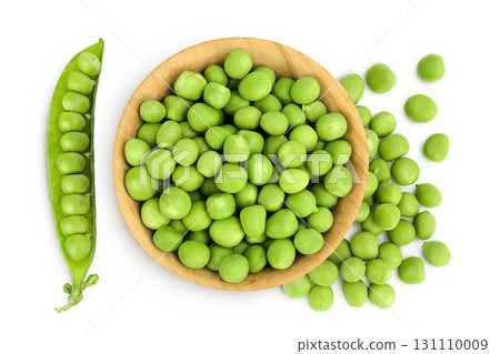 Fresh green peas in wooden bowl isolated on white background. Top view. Flat lay Fresh green peas in wooden bowl isolated on white background. Top view. Flat lay 131110009