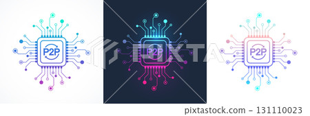 P2P exchange concept icon, sign, logo in the circuit line style. P2P lending processor vector icon flat design. Peer-To-Peer transfering cryptocurrency money on phone app, banking card 131110023