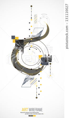 Minimal abstract composition with wireframe mountains, geometric hexagons, dots, and lines. 131110027
