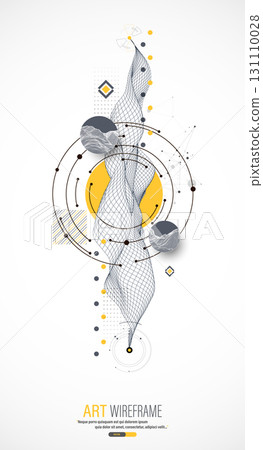 Minimal abstract composition with wireframe mountains, geometric hexagons, dots, and lines. 131110028