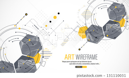 Minimal abstract composition with wireframe mountains, geometric hexagons, dots, and lines. 131110031