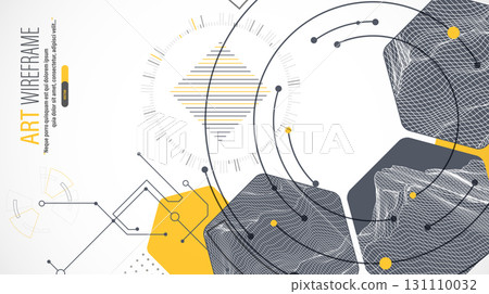 Minimal abstract composition with wireframe mountains, geometric hexagons, dots, and lines. 131110032