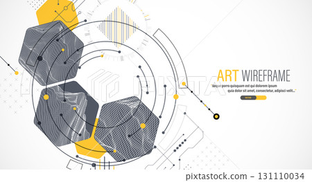 Minimal abstract composition with wireframe mountains, geometric hexagons, dots, and lines. 131110034