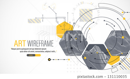 Minimal abstract composition with wireframe mountains, geometric hexagons, dots, and lines. Minimal abstract composition with wireframe mountains, geometric hexagons, dots, and lines. 131110035