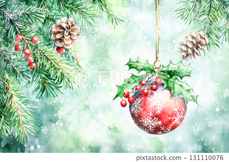 Watercolor illustration of a festive Christmas ornament hanging among pine branches, with snowflakes and pine cones creating a joyful holiday atmosphere 131110076
