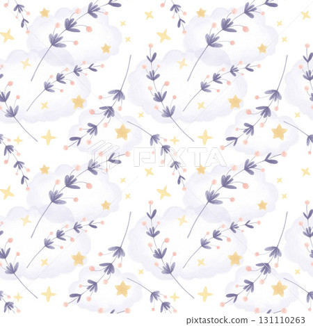 Seamless watercolor pattern with clouds, stars and floral branches in soft pastel colors. Seamless watercolor pattern with clouds, stars and floral branches in soft pastel colors. 131110263