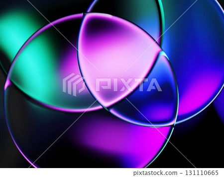 Neon gradient blur dark 3d background with overlapping glass circle frames. Abstract geometric bg with crystal round disks or transparent plates in radiant purple blue green colors. 3D illustration 131110665
