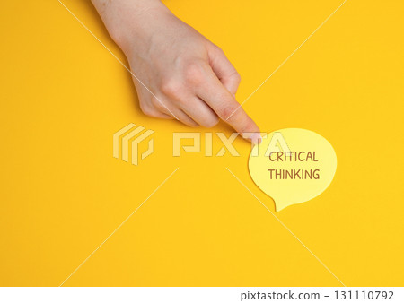 Critical thinking concept. Ability to analyze information objectively, evaluate arguments, and make reasoned, logical decisions or judgments. A woman points to a message with inscription 131110792