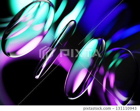 Glass circle disks with radiant gradient blur on dark 3d background. Flying crystal round discs with neon light reflection in transparent lens. Abstract bg in purple blue green colors. 3D illustration Glass circle disks with radiant gradient blur on dark 3d background. Flying crystal round discs with neon light reflection in transparent lens. Abstract bg in purple blue green colors. 3D illustration 131110943