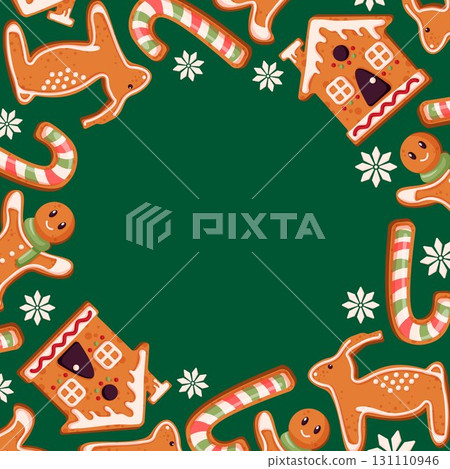 Christmas gingerbread cookie frame with man, candy cane, reindeer, house and snowflake on green background. Cartoon style illustration for holiday packaging, winter seasonal menu, festive card design. Christmas gingerbread cookie frame with man, candy cane, reindeer, house and snowflake on green background. Cartoon style illustration for holiday packaging, winter seasonal menu, festive card design. 131110946
