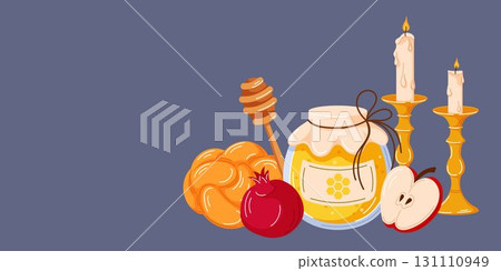 Rosh Hashanah holiday with honey jar, apple, pomegranate, challah bread, dates and candle on light background for jewish new year celebration in cartoon style. Rosh Hashanah holiday with honey jar, apple, pomegranate, challah bread, dates and candle on light background for jewish new year celebration in cartoon style. 131110949