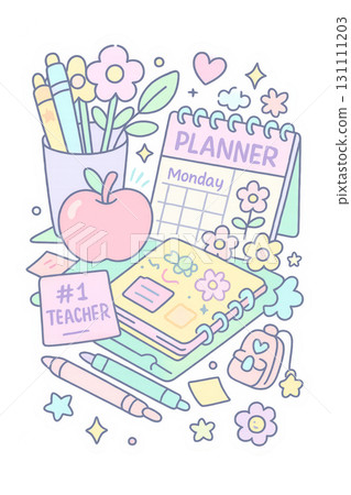 Back to school supplies in maximalist style with planner and stationery. Isolated on transparent background Back to school supplies in maximalist style with planner and stationery. Isolated on transparent background 131111203