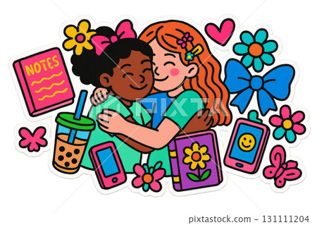 Back to school maximalist design featuring diverse girls, flowers, and school supplies. Isolated on transparent background Back to school maximalist design featuring diverse girls, flowers, and school supplies. Isolated on transparent background 131111204