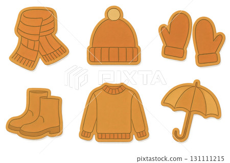 Autumn clothing set featuring scarf, hat, mittens, boots, sweater, umbrella. Isolated on transparent background 131111215