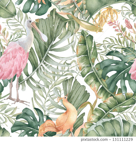 Tropical birds paradise watercolor seamless pattern isolated white. Spoonbill, monstera, and areca palm leaves in soft pastel hand painted. Delicate repeat for beach textiles, and exotic wallpaper. Tropical birds paradise watercolor seamless pattern isolated white. Spoonbill, monstera, and areca palm leaves in soft pastel hand painted. Delicate repeat for beach textiles, and exotic wallpaper. 131111229