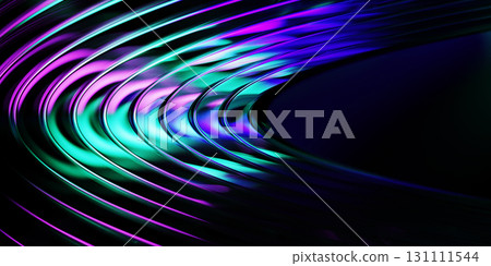 Neon light effect speed line glow circle ring. Abstract energy wave or magic trail flare in radiant colors with purple green gradient on dark blue 3d background. Futuristic technology. 3D illustration Neon light effect speed line glow circle ring. Abstract energy wave or magic trail flare in radiant colors with purple green gradient on dark blue 3d background. Futuristic technology. 3D illustration 131111544