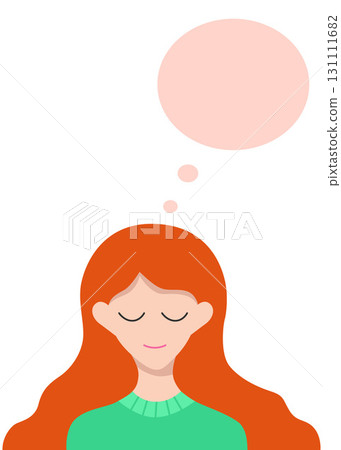 Happy, beautiful red-haired woman with  thought bubbles. 131111682