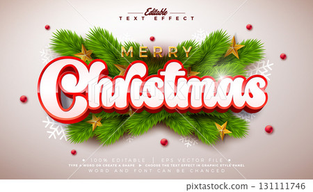 Merry Christmas Editable Text Effect Design Vector Graphic Style with Red 3D Typography Lettering and Ornaments on White Background. Winter Holiday Scalable Illustration Template for Greeting Card Merry Christmas Editable Text Effect Design Vector Graphic Style with Red 3D Typography Lettering and Ornaments on White Background. Winter Holiday Scalable Illustration Template for Greeting Card 131111746