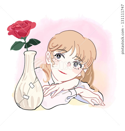 一位女士正在欣賞修復後的花瓶中的玫瑰 一位女士正在欣賞修復後的花瓶中的玫瑰 131111747