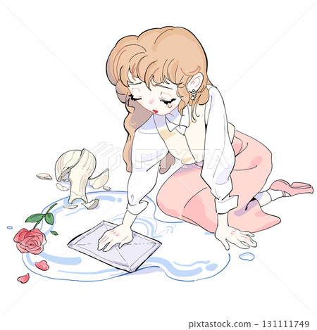 Broken vase and roses Sad woman cleaning up spilled water Broken vase and roses Sad woman cleaning up spilled water 131111749