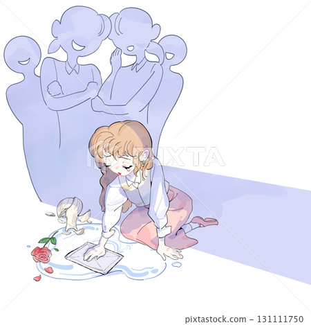 Whispering gossip: A woman cleaning up a broken vase and spilled water Whispering gossip: A woman cleaning up a broken vase and spilled water 131111750