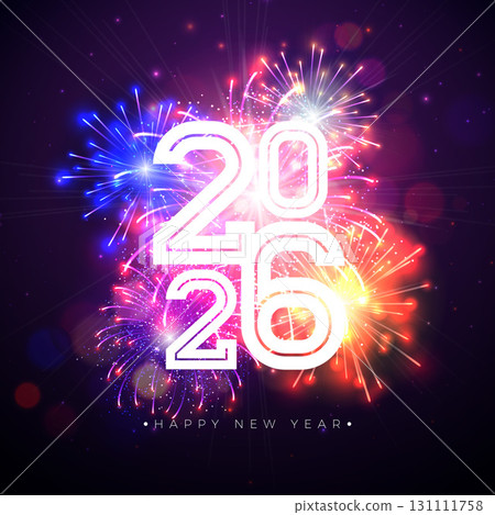 2026 Happy New Year Illustration with White Number and Fireworks on Night Blue Background. Christmas Holiday Design with Typography Lettering for Flyer, Greeting Card, Banner, Celebration Poster 131111758