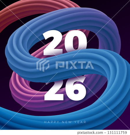 2026 Happy New Year Illustration with Colorful Abstract Grunge Wavy Effect and Typography Number on Black Background. Christmas Holiday Design with for Flyer, Banner, Greeting Card, Celebration Poster 131111759