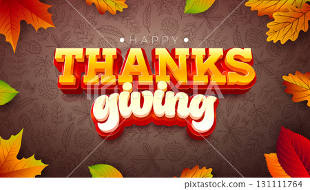 Happy Thanksgiving Banner Illustration with Falling Leaves and 3d Typography Lettering on Brown Hand Drawn Doodles Background. Autumn Vintage Vector Design for Seasonal Greeting Card, Party Flyer 131111764
