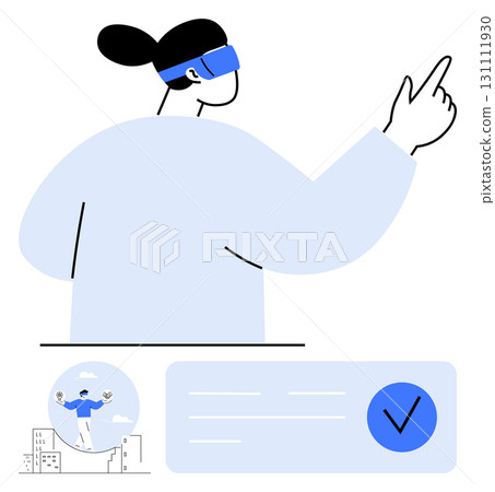 Woman using VR headset while pointing, includes cityscape and approved checkmark. Ideal for technology promotion, virtual reality, AR experience, innovation, future tech, digital interaction Woman using VR headset while pointing, includes cityscape and approved checkmark. Ideal for technology promotion, virtual reality, AR experience, innovation, future tech, digital interaction 131111930