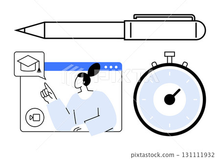 Pen stopwatch person in virtual classroom graduation cap icon. Ideal for education, e-learning, time management, distance learning, productivity, study tools, virtual training. Line metaphor 131111932