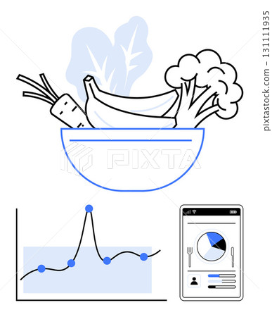 Fruits and vegetables in a bowl graph with dots smartphone showing pie chart. Ideal for nutrition, health, data analysis, technology, diet planning, wellness, modern lifestyle. Line metaphor 131111935