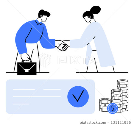 Two individuals in business attire shaking hands, briefcase in other hand, next to contract and coins. Ideal for partnership, collaboration, agreement, success, business deals, financial Two individuals in business attire shaking hands, briefcase in other hand, next to contract and coins. Ideal for partnership, collaboration, agreement, success, business deals, financial 131111936