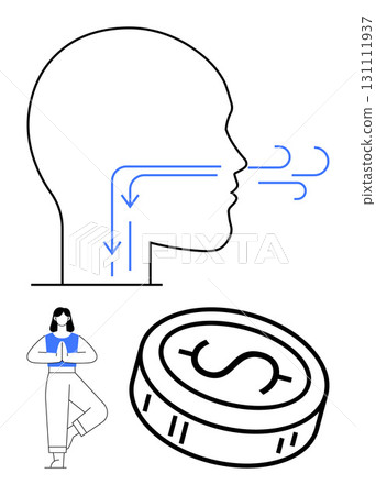 Human head with blue airflow arrows, woman in yoga tree pose, coin with dollar sign suggesting health and wealth balance. Ideal for wellness, mindfulness, meditation, finance, health, balance Human head with blue airflow arrows, woman in yoga tree pose, coin with dollar sign suggesting health and wealth balance. Ideal for wellness, mindfulness, meditation, finance, health, balance 131111937