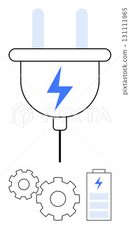 Electric plug with lightning bolt, three gear wheels, and a battery icon. Ideal for technology, energy efficiency, engineering, innovation, renewable energy, electronics and technical illustrations Electric plug with lightning bolt, three gear wheels, and a battery icon. Ideal for technology, energy efficiency, engineering, innovation, renewable energy, electronics and technical illustrations 131111965