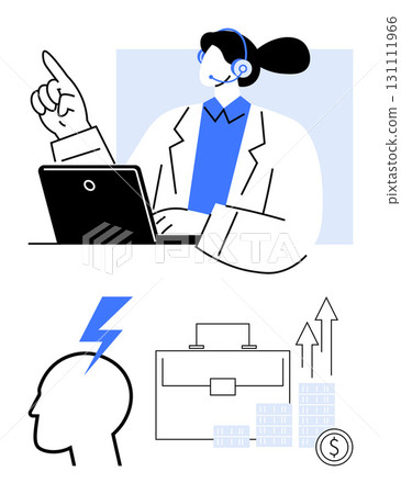 Customer service agent with headset and laptop, lightning bolt in head silhouette, briefcase, rising graph, coin stacks. Ideal for customer support, innovation, finance, business solutions 131111966
