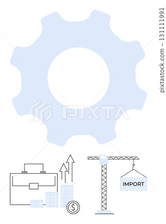 Gear with business briefcase, graph with arrows, crane with import sign symbolize financial growth, strategy, and industry. Ideal for business, industry, finance, strategy investments development 131111991
