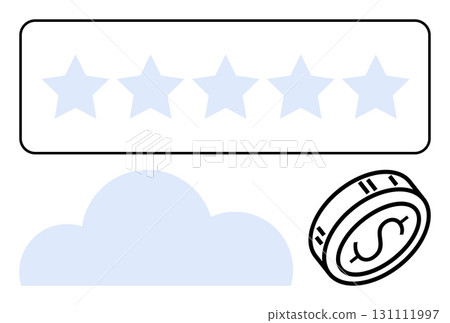 Five-star rating icon, cloud shape, and digital coin with dollar sign. Ideal for feedback systems, online reviews, cloud services, finance apps, digital currencies, minimalist web design tech Five-star rating icon, cloud shape, and digital coin with dollar sign. Ideal for feedback systems, online reviews, cloud services, finance apps, digital currencies, minimalist web design tech 131111997
