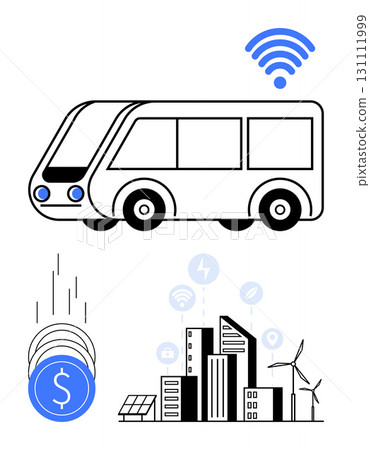wireless-enabled bus, stack of falling coins, city buildings with solar panels, wind turbines, and connectivity symbols. Ideal for smart city concepts, sustainable transport, green energy, smart wireless-enabled bus, stack of falling coins, city buildings with solar panels, wind turbines, and connectivity symbols. Ideal for smart city concepts, sustainable transport, green energy, smart 131111999