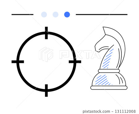 Black crosshair next to a white knight chess piece with blue highlights. Ideal for business strategy, goal setting, teamwork, leadership, precision, planning, and decision-making. Line metaphor Black crosshair next to a white knight chess piece with blue highlights. Ideal for business strategy, goal setting, teamwork, leadership, precision, planning, and decision-making. Line metaphor 131112008