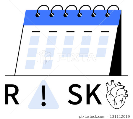 Calendar with spiral binding alongside heart illustration and risk warning symbol. Ideal for healthcare, medical reminders, scheduling check-ups, heart health awareness, risk management, preventive Calendar with spiral binding alongside heart illustration and risk warning symbol. Ideal for healthcare, medical reminders, scheduling check-ups, heart health awareness, risk management, preventive 131112019