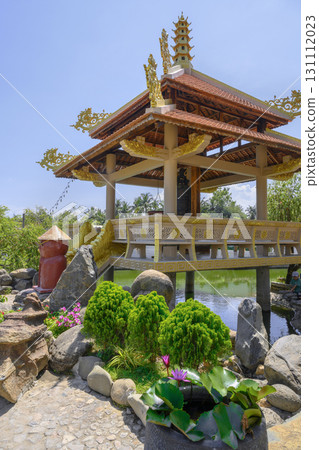 Gazebo of Buddhist architecture with a bell in Thanh Luong Pagoda of 18 century in Phu Yen, Vietnam 131112023